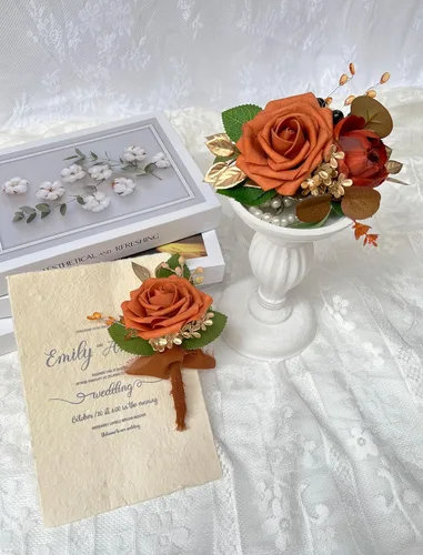 Miniatura 3 de CherishedMoments Juego de ramillete de peonía de rosa artificial hecho a mano y ramillete de muñeca de peonía de color naranja quemado para boda