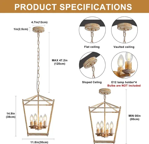 Miniatura 7 de Lámparas de Linterna Rústicas de Araña de 4 Luces, Lámparas Colgantes de Techo de Jaula en Negro y Oro, Lámparas Colgantes para Isla de Cocina