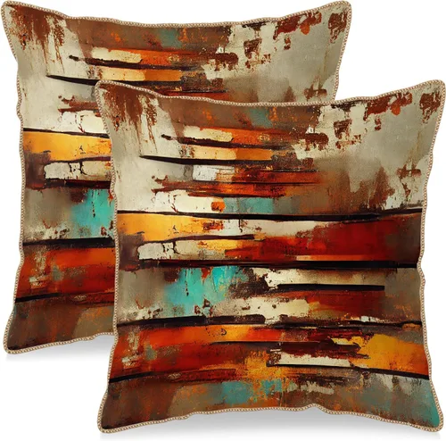 Juego de 2 fundas de almohada de terciopelo suave color naranja quemado, verde azulado, óxido, fundas de almohada abstractas vintage de cobre