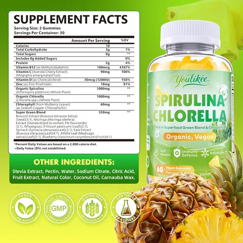 Miniatura 2 de Gomitas orgánicas de Spirulina Chlorella, mezcla de súper verduras con proteínas, clorofila, vitamina C, D3, B12, zinc, apoyan la energía diaria