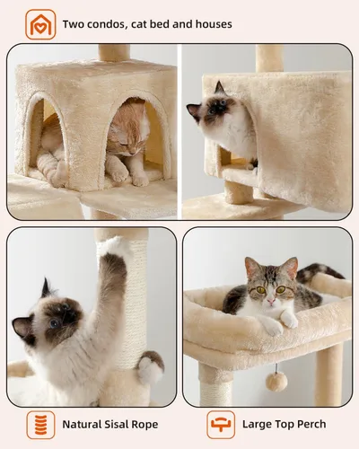 Miniatura 5 de Árbol para gatos de interior, 2 acogedores condominios con espaciosa percha superior, torre para gatos de varios niveles de 56.3 pulgadas con postes