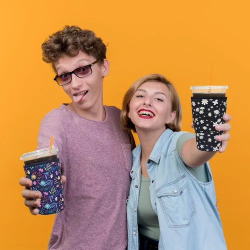 Miniatura 7 de Paquete de 3 fundas reutilizables para café helado - Xumbtvs funda aislante para bebidas frías, soporte de taza de café de neopreno (negro)