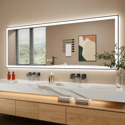 Miniatura 78 de Espejo de baño LED de 24x30 pulgadas con marco negro, espejos de baño retroiluminados y con luz frontal para pared, antiempañamiento, regulable