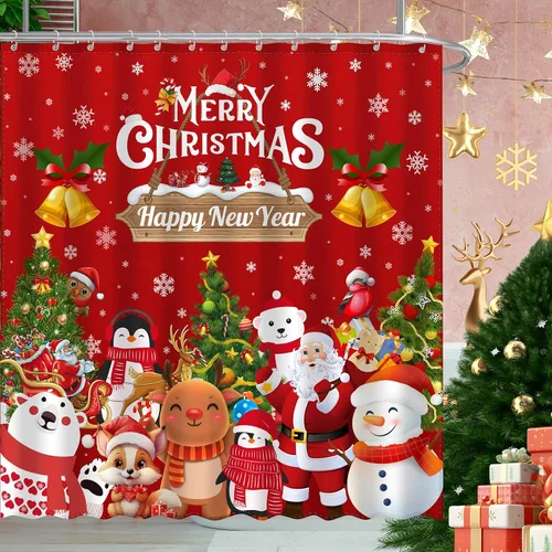 JWXCBIM - Cortina de ducha de Navidad Feliz Navidad y Feliz Año Nuevo, decoración para el hogar de Papá Noel y muñeco de nieve, cortina de baño de