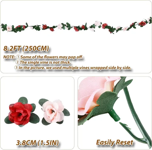 Miniatura 3 de Miracliy 8 guirnaldas de flores rojas de 66 pies, rosas artificiales de color naranja, guirnalda de flores falsas de primavera para telón de fondo