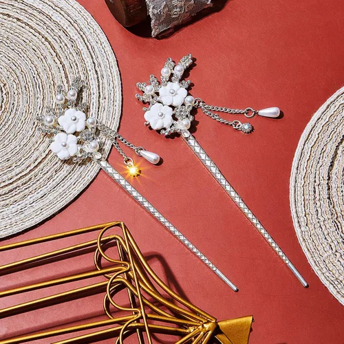 Miniatura 8 de Chuangdi 2 palillos chinos para el cabello para mujer, palillos de pelo plateado con diamantes de imitación, horquilla japonesa vintage, perla