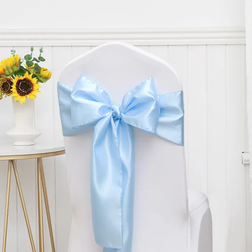 Miniatura 4 de Paquete de 50 cintas de satén para sillas color azul bebé, 7 x 108 pulgadas, cintas universales doradas para sillas de boda, ceremonia, fiesta
