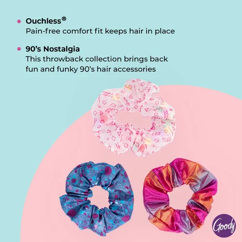 Miniatura 5 de Goody Kids Nostalgia Scrunchies - 3 unidades, rosa surtido - Accesorios para el cabello sin dolor para hombres, mujeres, niños y niñas para peinar