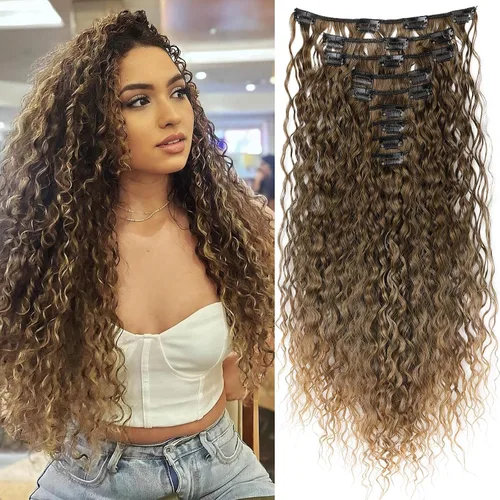 Miniatura 11 de LONAI Extensión de Cabello, 9 piezas, 56 cm de largo, castaño, extensiones de cabello rizadas con pinza, LN002, extensiones de cabello sintético