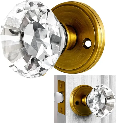 Balin Designs Pomo de puerta de cristal dorado, juego de pomos de puerta de vidrio interior sin bloqueo, latón antiguo decorativo estilo vintage