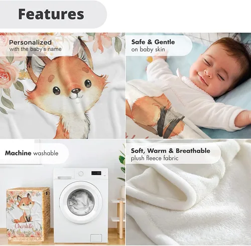 Miniatura 4 de Fox - Mantas de bebé personalizadas para niños con nombre, manta de bebé personalizada, regalos personalizados para niño recién nacido (zorro 19)