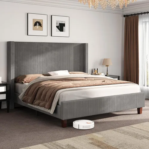 Miniatura 13 de AMERLIFE Base de cama tapizada tamaño Queen con cabecera de 50.8 pulgadas de alto, cama de plataforma con respaldo de alas con patas de madera