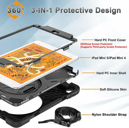 Miniatura 7 de BRAECNstock para Apple iPad mini 5/4 Funda 2019/2015 19,9 cm, Funda Protectora a Prueba de Golpes con Soporte para Lápices, Correa Giratoria