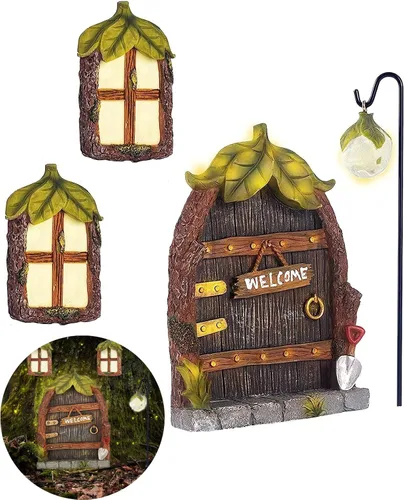 Miniatura 9 de Accesorios de jardín de hadas en miniatura, decoraciones de Navidad, puerta y ventanas de hadas de hongos para árboles, escultura de jardín que