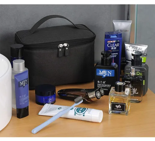 Miniatura 5 de Bolso de maquillaje HOYOFO, bolso de viaje para productos cosméticos, con bolsillo de red, almacenamiento de aseo de viaje grande e impermeable