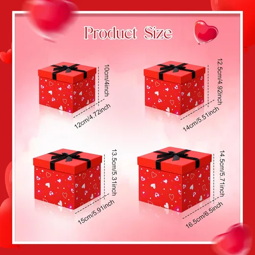 Miniatura 2 de Epakh 4 cajas anidables cuadradas decorativas con tapas, corazones negros y rojos, varios tamaños para aniversario, cumpleaños, boda, despedida