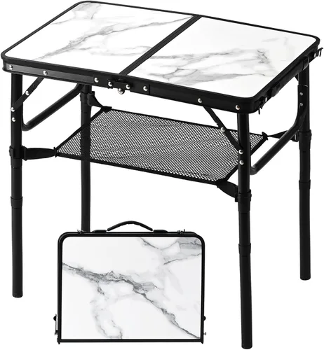 Miniatura 9 de YUFIFAIRY Mesa de campamento plegable pequeña, mesa portátil de 2 pies con 3 alturas ajustables, mesa de picnic plegable ligera de aluminio con capa