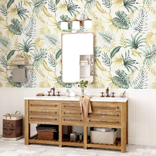 Miniatura 4 de WESTICK Papel tapiz dorado tropical para despegar y pegar para baño, papel de contacto tropical impermeable, papel tapiz floral para dormitorio, 3.