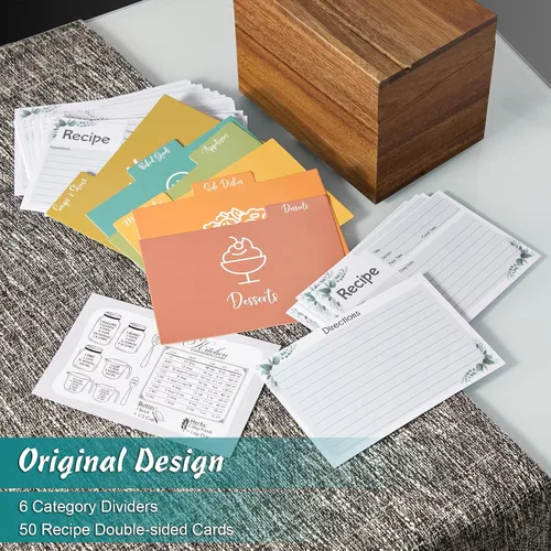 Miniatura 7 de DRASTAR Caja de tarjetas de recetas, soporte para recetas de acacia de 4 x 6, organizador de recetas con 50 tarjetas y 6 divisores, caja de tarjetas