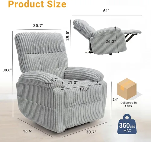 Miniatura 2 de Claiks - Silla reclinable eléctrica de gravedad cero, de pana, color gris Gravedad cero, ajustable, eléctrico, bolsillo lateral