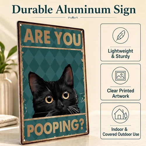 Miniatura 4 de Cartel de decoración de baño de gato negro divertido de 8 x 12 pulgadas, arte de pared de metal, letrero de "Are You Pooping", letrero de baño