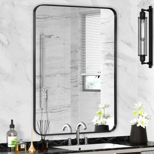 Miniatura 17 de Espejo de montaje en pared para baño, espejo rectangular de tocador rectangular con marco de metal negro cepillado (16 x 20 pulgadas, negro)