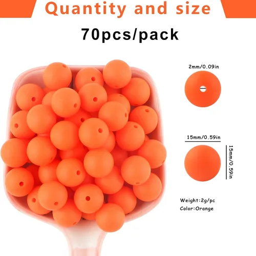 Miniatura 4 de Sunrony 70 cuentas de silicona para hacer collares, cuentas redondas de silicona a granel de 0.591 in para bolígrafos (naranja)