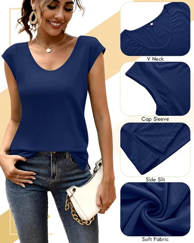 Miniatura 6 de Paquete de 2 camisetas de manga casquillo para mujer, ajuste holgado, casual, cuello en V, básicas, elegantes, camisetas sin mangas, camisetas tipo