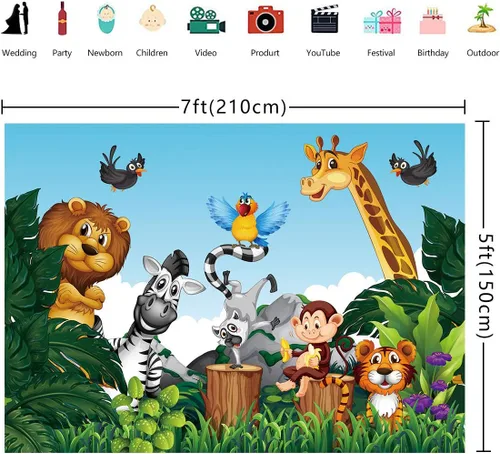 Miniatura 6 de Fondo de dibujos animados de animales de la selva para fiesta temática de animales del bosque, fondo de fotos para niños, recién nacidos
