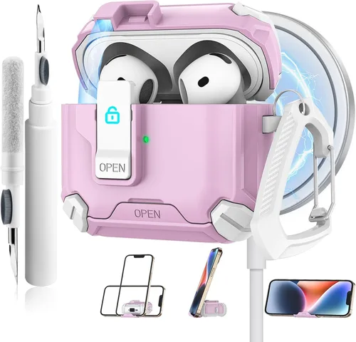 Miniatura 12 de Meliya Funda para AirPods 4, viene con soporte para teléfono y función MagSafe, funda rígida de protección completa automática emergente con bloqueo