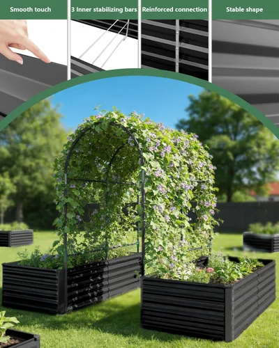 Miniatura 5 de Cama de jardín elevada con enrejado de arco para plantas trepadoras, cama de jardín elevada galvanizada, jardineras al aire libre para verduras