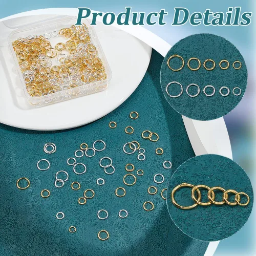 Miniatura 4 de PH PandaHall 400 anillos de salto de 5 tamaños, anillos de salto cerrados, anillos de salto soldados, anillos de conexión de plata/latón dorado