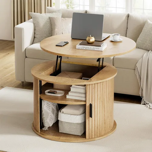 Miniatura 9 de FABATO Mesa de centro redonda de elevación superior, mesa de centro de madera estriada con almacenamiento oculto y estantes abiertos, mesa de tambor