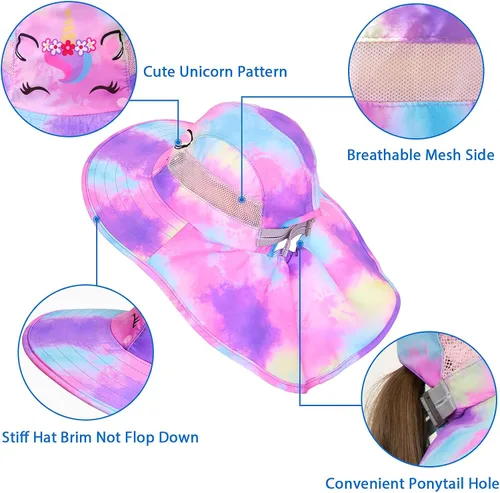 Miniatura 119 de Sombrero de sol para niños, protección UV, unicornio, verano, playa, jugar con ala ancha, solapa para el cuello para niñas y niños