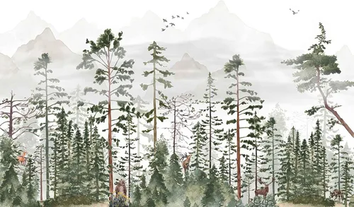 Miniatura 3 de Reyhui - Mural de pared de animales, bosques, pájaros y paisajes naturales, papel pintado de montañas brumosas para decoración de fondo de pared