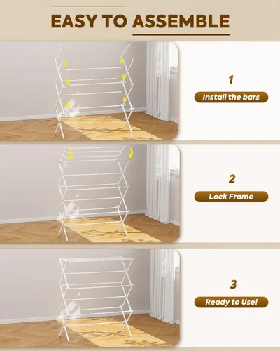 Miniatura 5 de KINGBOARD Tendedero de secado de ropa plegable con 11 postes, estante de secado de lavandería de 3 niveles, estante de secado de ropa pequeño Blanco