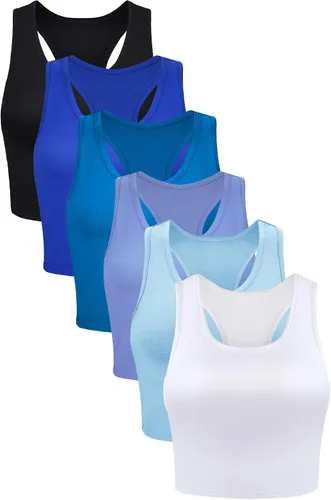 Miniatura 10 de 6 piezas de camisetas básicas sin mangas con espalda cruzada deportivas, cortas, para mujeres y niñas, uso diario