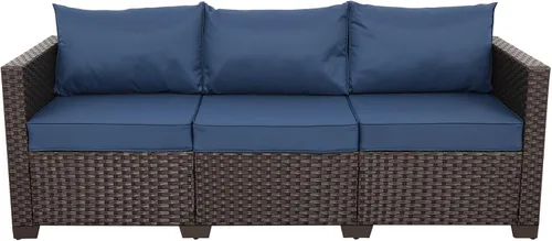 Miniatura 9 de Rattaner Sofá de mimbre para patio de 3 asientos, muebles de sofá de ratán para exteriores con marco de acero con funda para muebles y asiento Azul