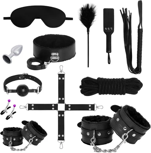 Rbenxia 12 piezas de kits de restricciones BDSM Bondage para el sexo, esposas de fetiche, esposas de tobillo, collar, venda para los ojos, látigo,