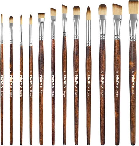 Nicpro Juego de 12 pinceles de pintura para artista, pinceles de pintura para pintura acrílica, óleo, acuarela, gouache, témpera, cara, cuerpo,