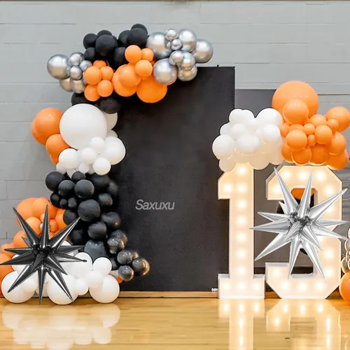 Miniatura 4 de Kit de arco de globos de baloncesto, kit de guirnalda de globos negros y naranjas, globos de estrella plateada de papel aluminio para baloncesto