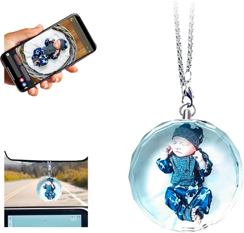 Adorno colgante de cristal diáfano personalizado para espejo retrovisor de automóvil con foto, decoración personalizada para colgante de automóvil,