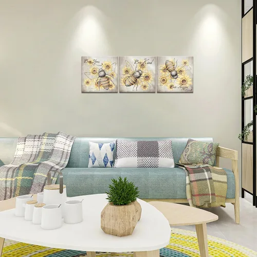 Miniatura 2 de iHAPPYWALL 3 piezas de lienzo de abeja de miel, arte de pared, diseño de girasol y citas motivacionales, ilustraciones para cocina, dormitorio