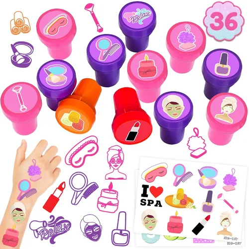 36 recuerdos de fiesta de spa, 24 tatuajes temporales y 12 sellos, ideal para fiestas de pijamas, decoración de tarjetas de cumpleaños, suministros