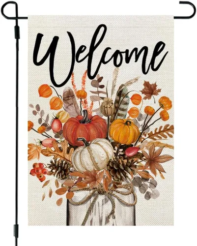 Miniatura 15 de CROWNED BEAUTY Bandera de jardín de otoño, frasco Mason floral de 12 x 18 pulgadas, doble cara para exterior, pequeña bienvenida de arpillera