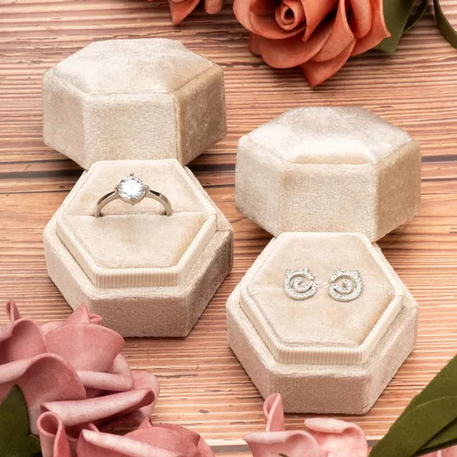Miniatura 7 de Equal - Caja hexagonal de terciopelo para compromiso, propuesta de boda, caja de regalo de joyería, caja de embalaje de joyería (beige)