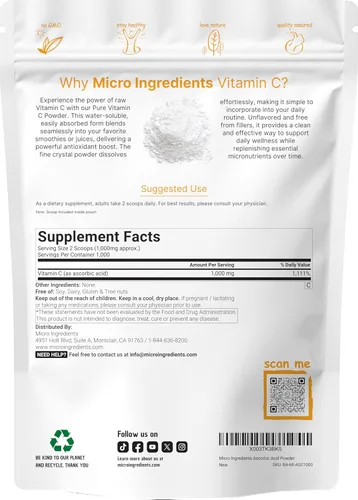 Miniatura 2 de Polvo de cristal de vitamina C puro (vitamina C soluble en agua, 1000 mg por porción), 2.2 lbs (2.2 libras), vitaminas inmunes y antioxidante