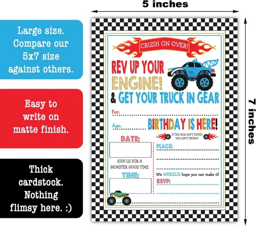 Miniatura 2 de Invitaciones de fiesta de cumpleaños Monster Truck - Juego de 15 con sobres