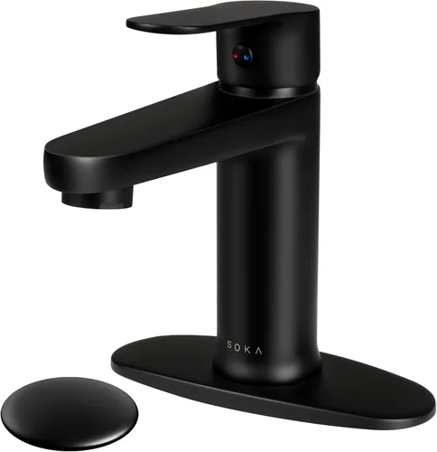 Miniatura 19 de SOKA Grifo dorado para lavabo de baño con cascada, grifo de lavabo de un solo orificio con drenaje emergente, grifo moderno para fregadero de tocador