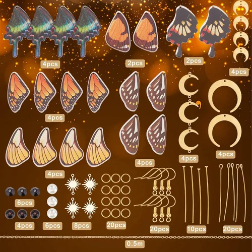 Miniatura 2 de SUNNYCLUE 1 caja, 10 pares de aretes de mariposa, kit de iniciación para hacer dijes, alas de primavera, dijes de estrella y luna, cuentas
